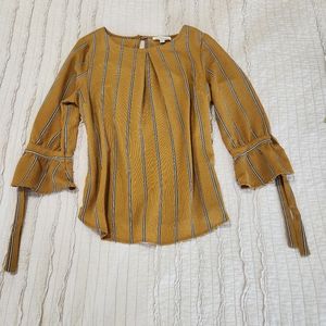 Monteau Women's Boho Striped Blouse with Tie 3/4 Ruffle Sleeves, Size M, Mustard